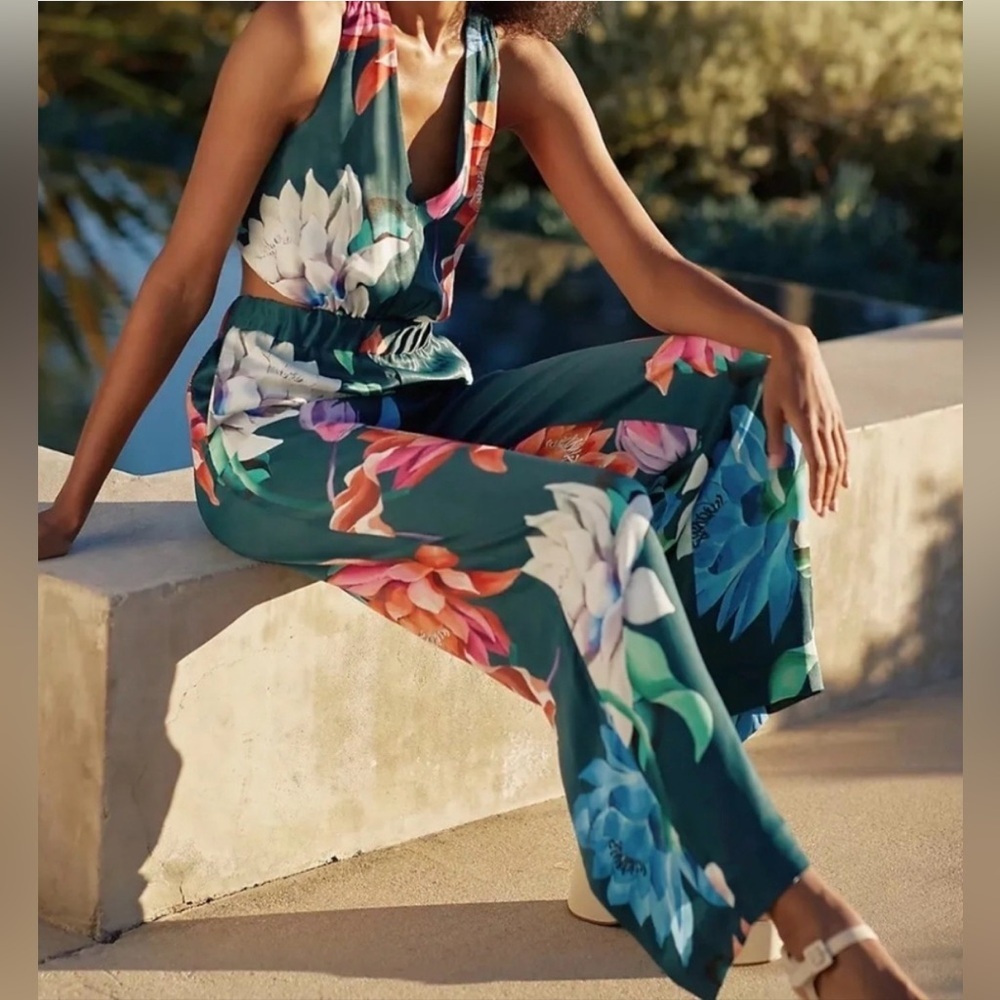 Maeve Anthropologie Floral Halter Jumpsuit wide leg size 10 US summer resortwear - Picture 6 of 6